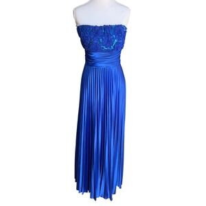 Xtraordinary Royal Blue Strapless Pleated Maxi Dress Sequin Floral Prom Gown 11